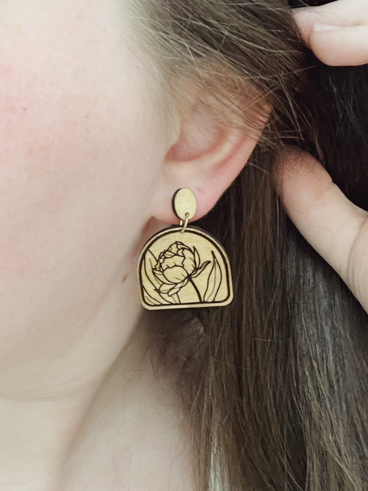 Natural Wood Peony Earrings