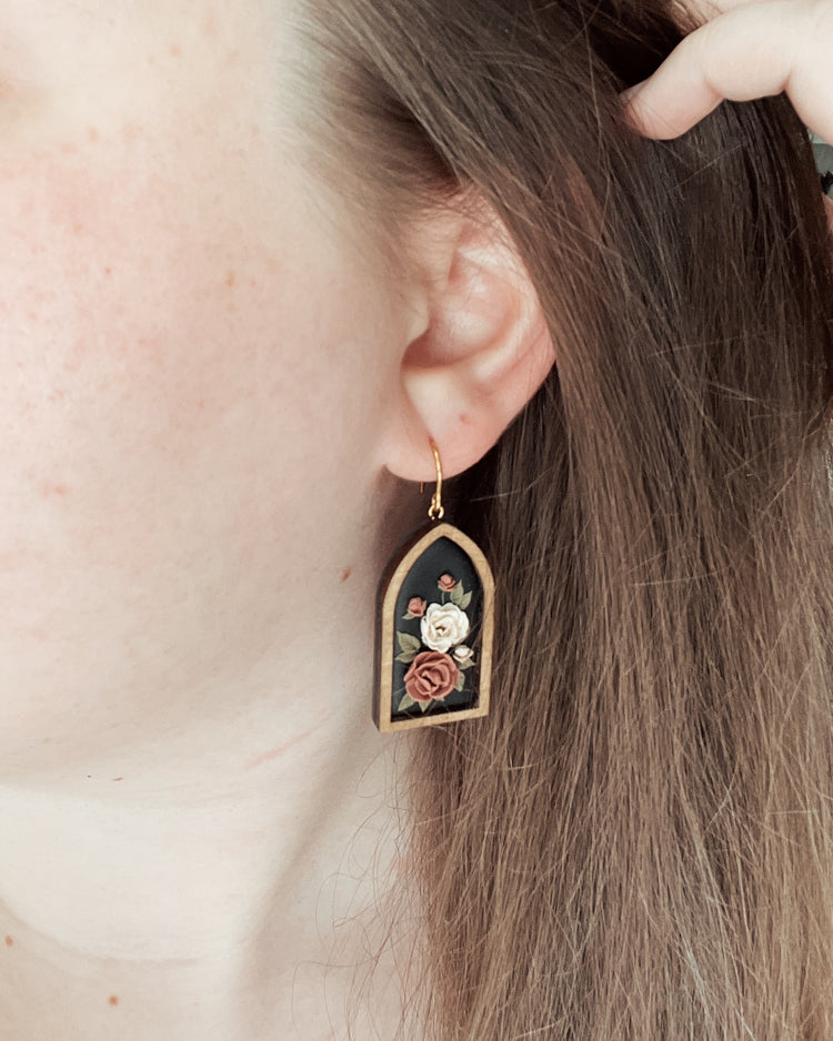 Framed Peony Cathedral Arch Earrings