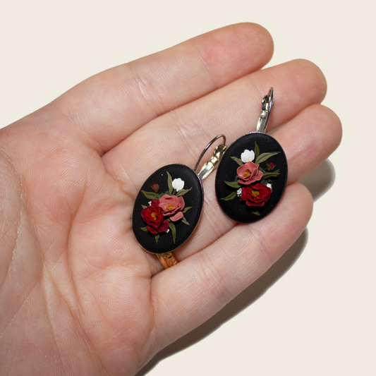 Dark Peony Earrings | Oval