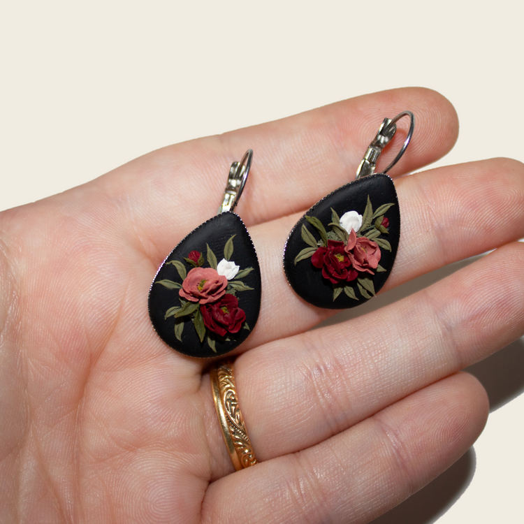 Dark Peony Earrings | Teardrop