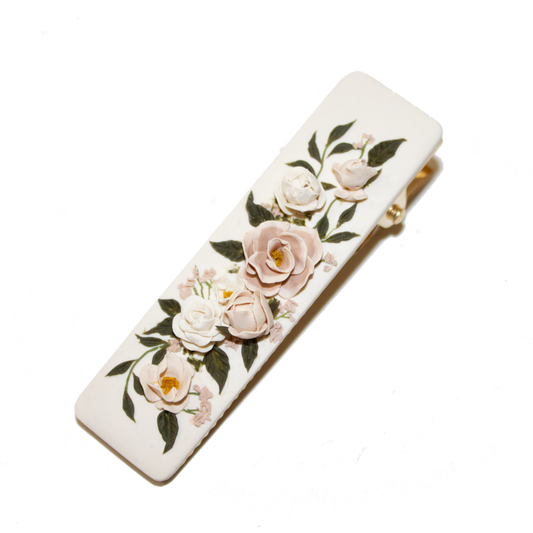 16 | Cream Rectangle | Peony + Rose Hair Clip