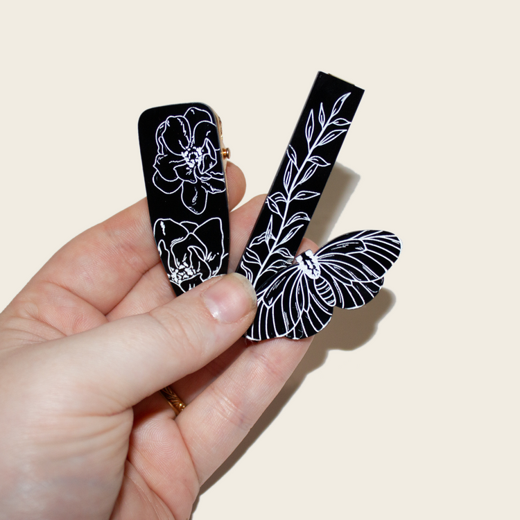 Black + White Floral Clip Set