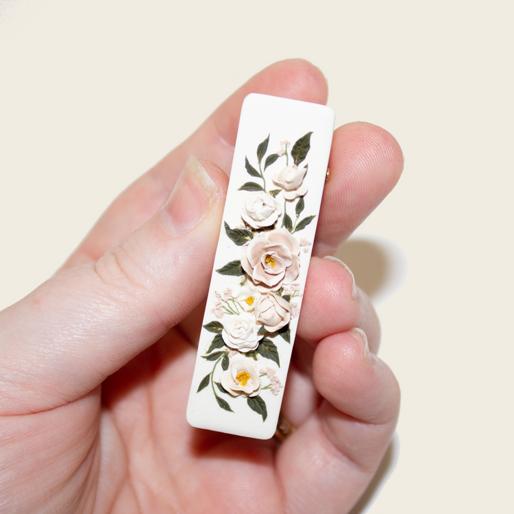 16 | Cream Rectangle | Peony + Rose Hair Clip