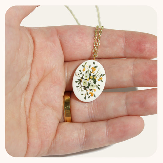 Bouquet Necklace | White Poppies and Oranges