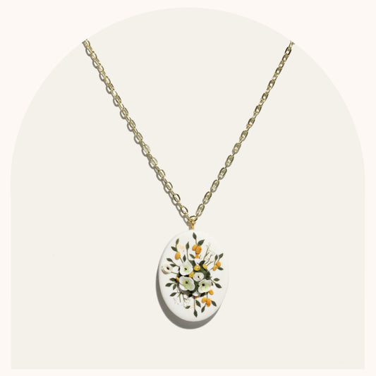 Bouquet Necklace | White Poppies and Oranges