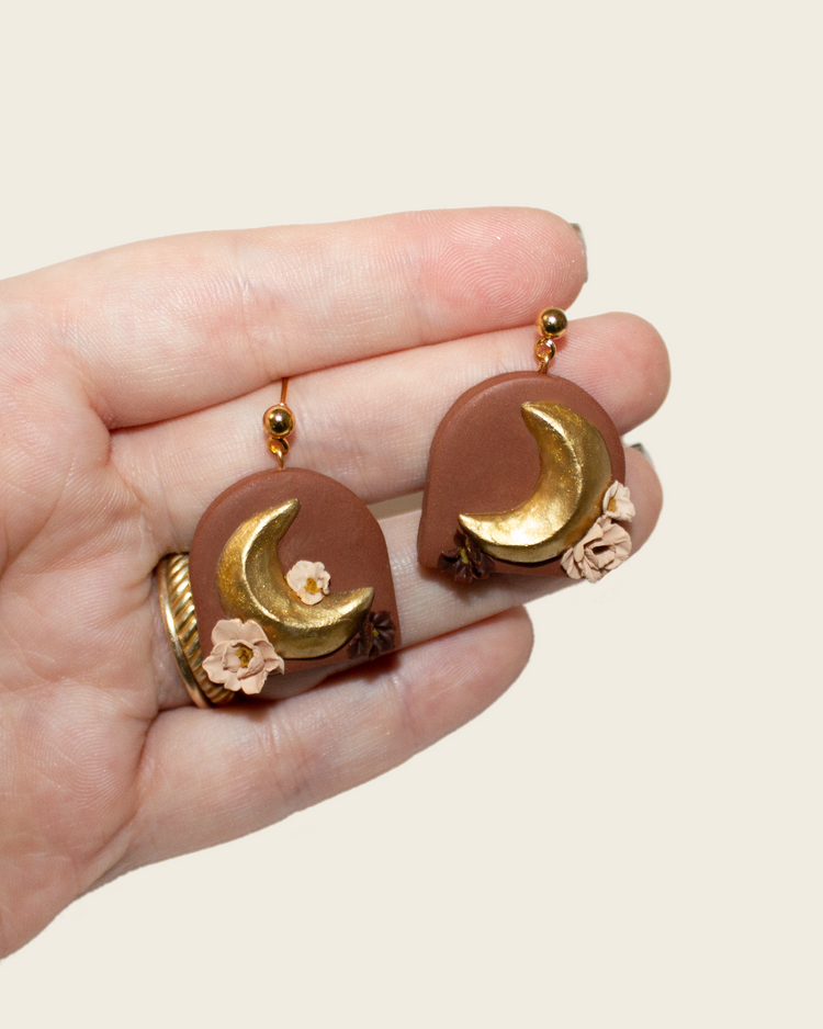 Rusty Floral Moon Earrings