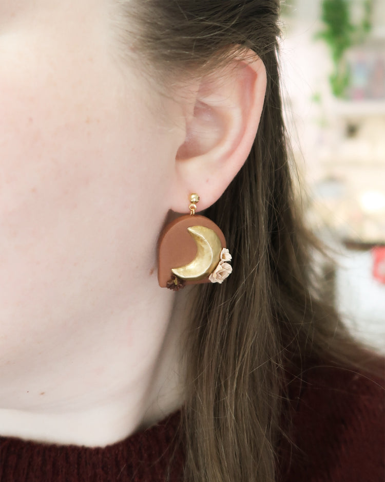 Rusty Floral Moon Earrings