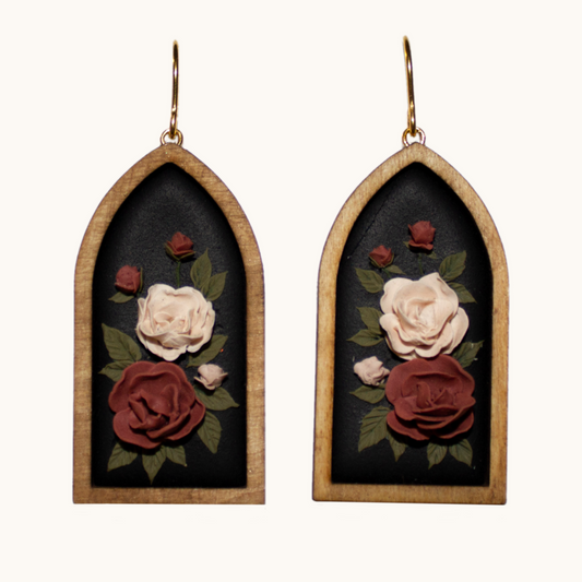 Framed Peony Cathedral Arch Earrings