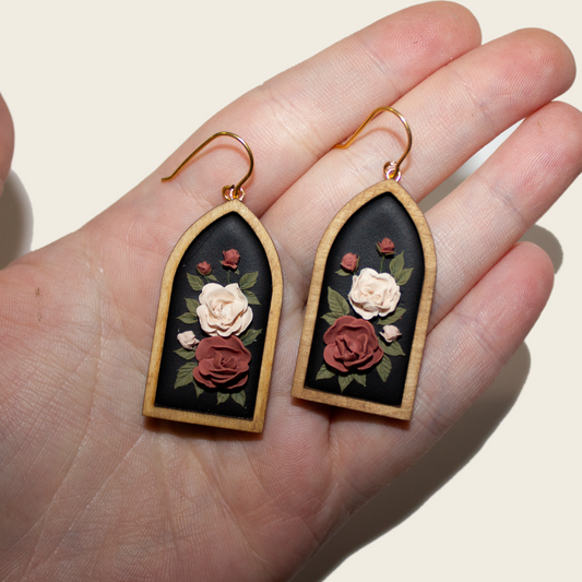 Framed Peony Cathedral Arch Earrings